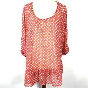 Antilia Femme Womens SheerTop Coral Print 3/4 Slit Sleeve Ruffle Hem Tunic L/XL?